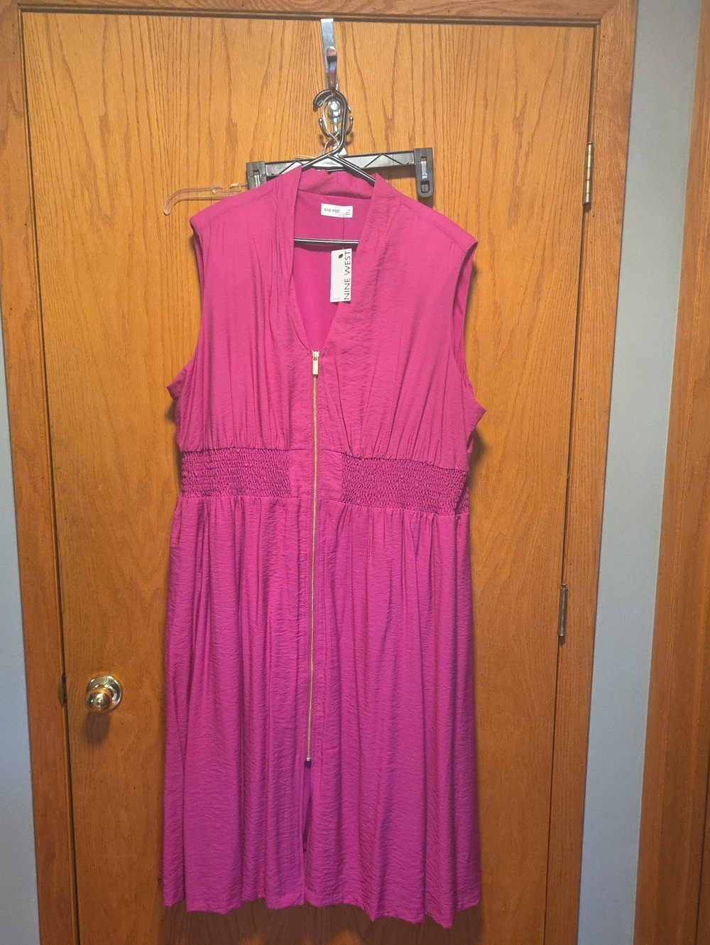 Nine West Sleeveless Magenta Zip-Front Midi Dress